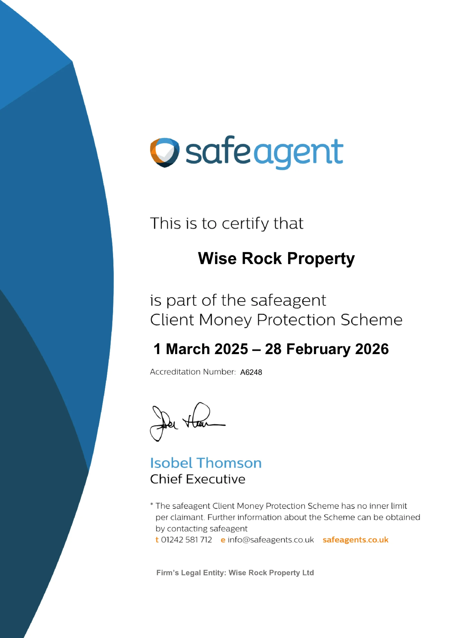 Wise Rock Property Client Money Protection Certificate 2025-2026