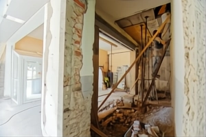 a builder working on a ladder inside a house renovation site